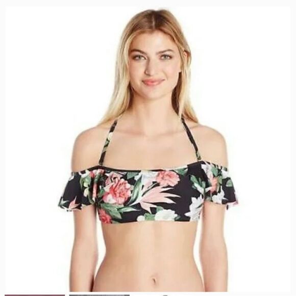 Vince Camuto Black/Pink Off The Shoulder Floral Swim Bikini Top Size Small - Picture 1 of 8